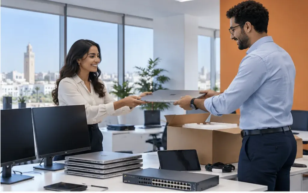 Remise d’un ordinateur portable neuf dans un bureau à Casablanca