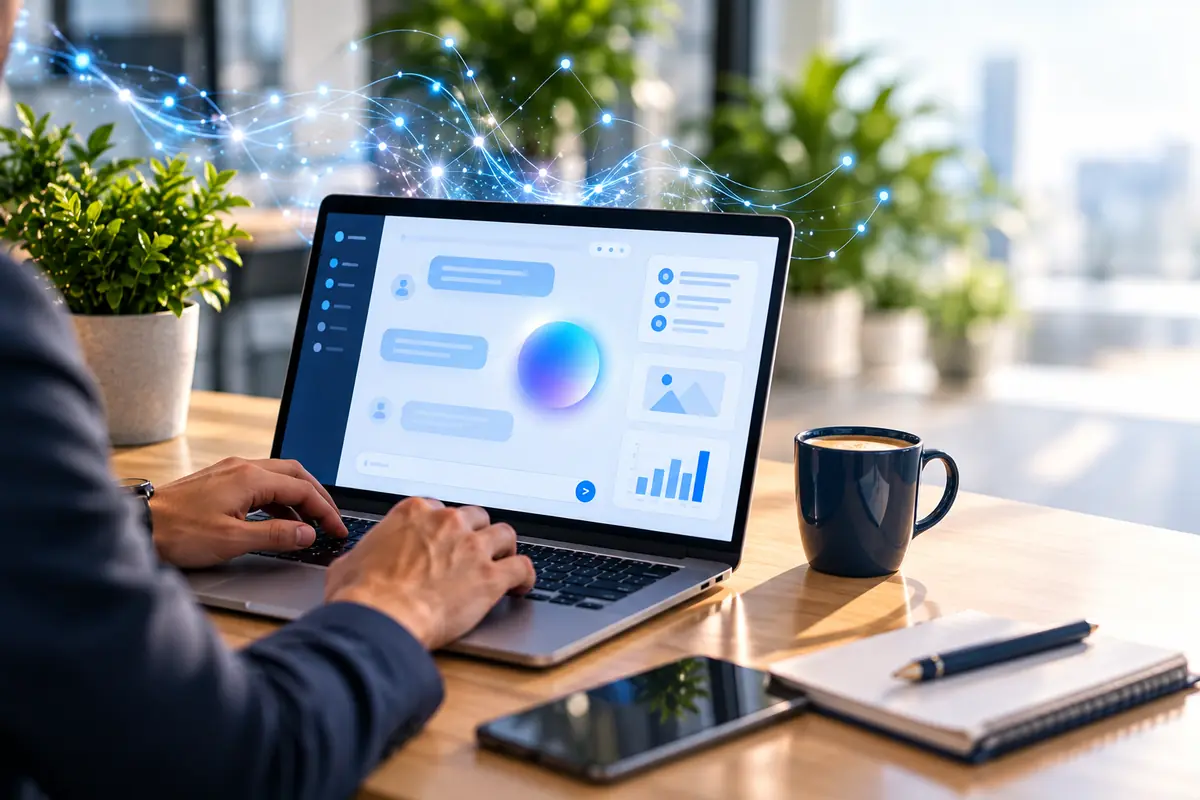 Professionnel utilisant un assistant d’intelligence artificielle sur ordinateur portable