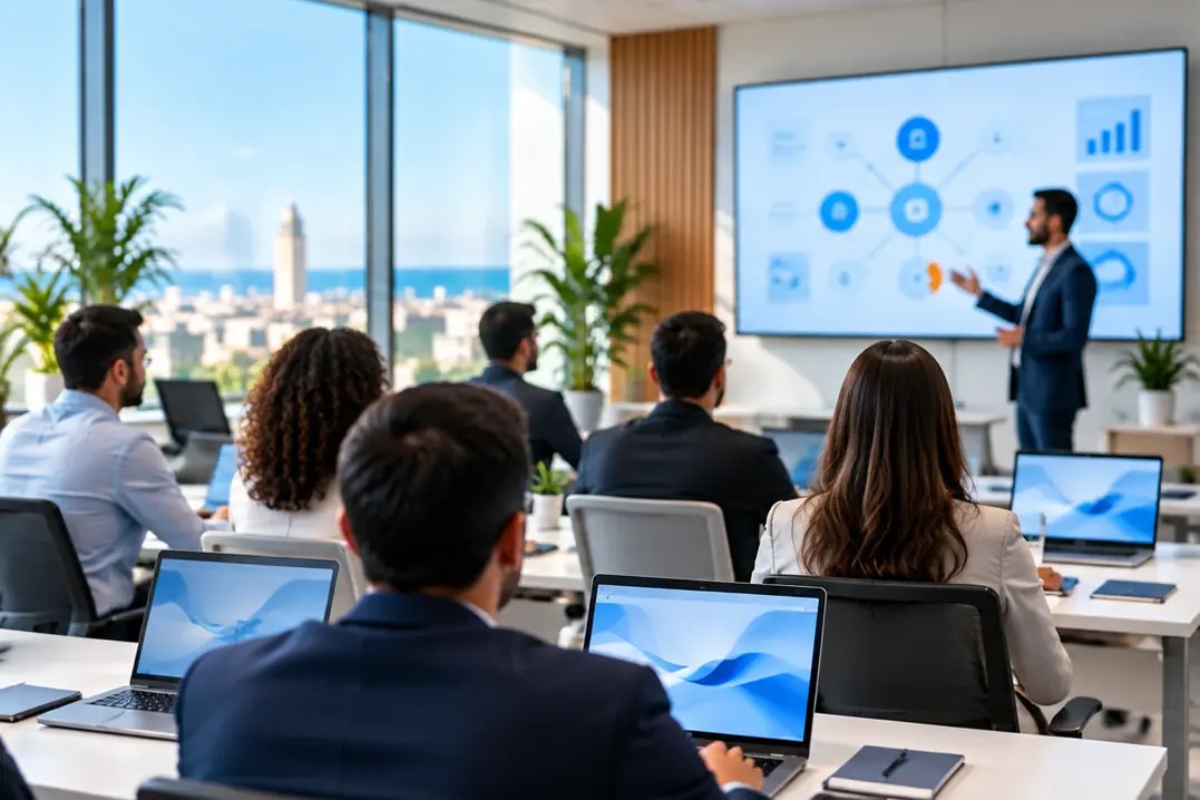 Session de formation en entreprise devant un écran de présentation