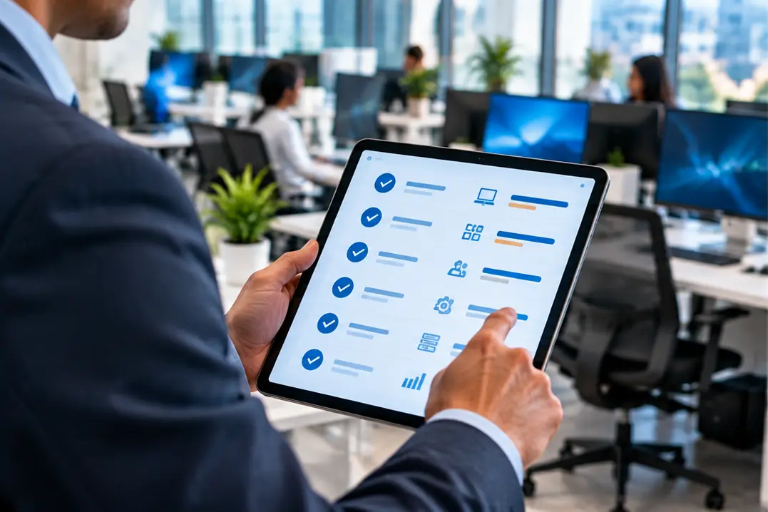 Consultant taking an IT inventory on a tablet