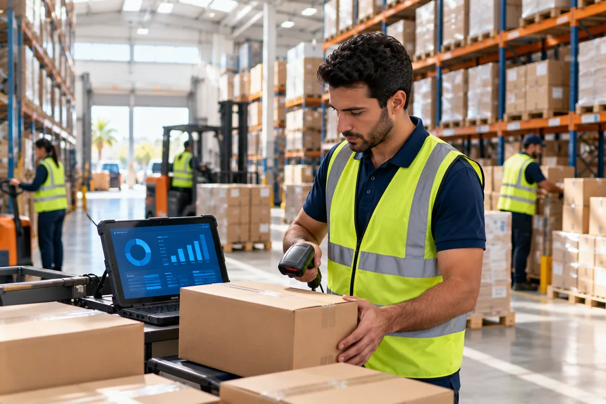 Responsable logistique scannant un colis dans un entrepôt de distribution