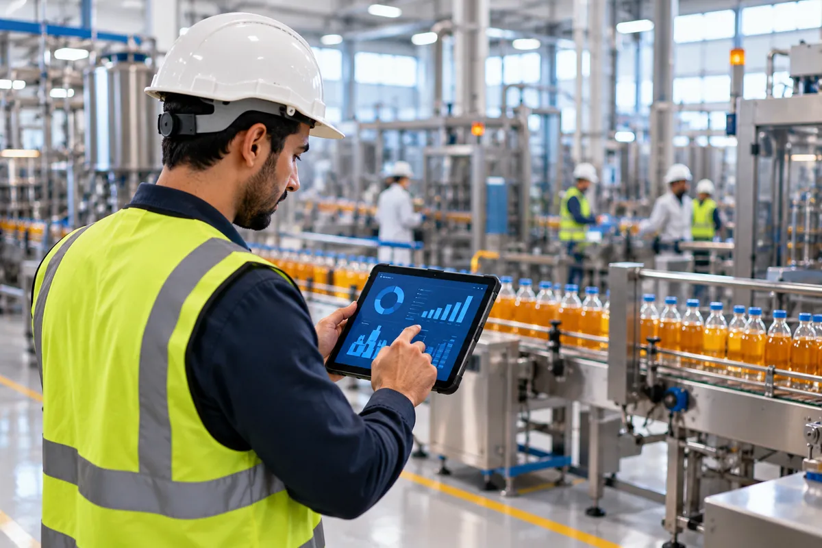 Ingénieur contrôlant une tablette sur une ligne de production agroalimentaire