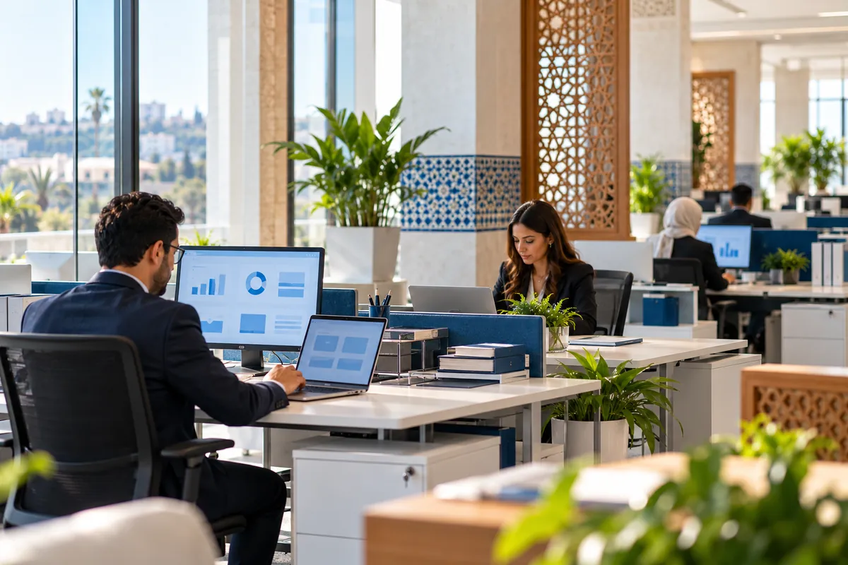 Agents d’une administration publique marocaine travaillant dans un bureau moderne