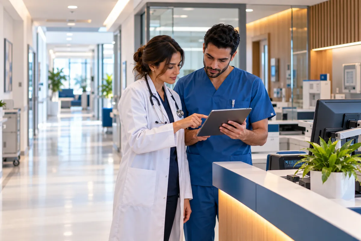 Médecin et infirmier consultant une tablette dans une clinique moderne
