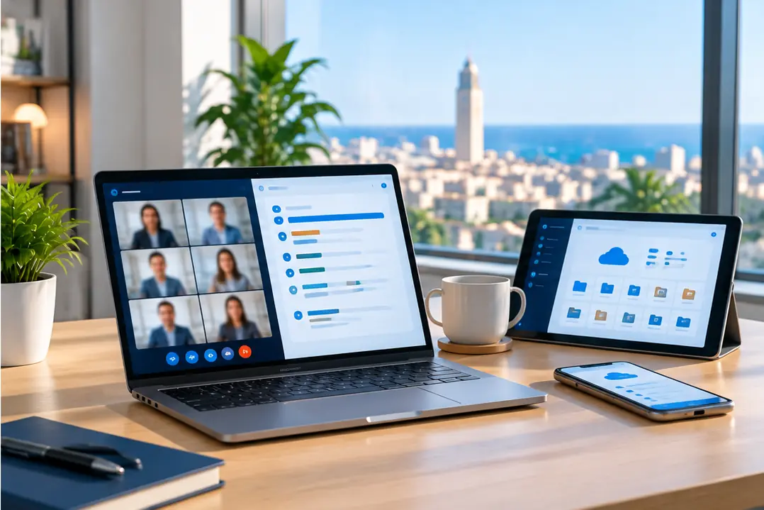 Ordinateur portable en visioconférence et collaboration dans le cloud