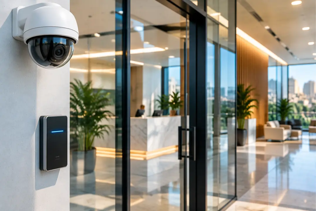Caméra de vidéosurveillance et lecteur de badges à l’entrée d’un bâtiment